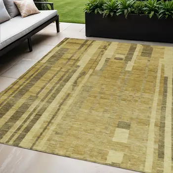 5' X 8' Gold And Dark Brown Striped Washable Indoor Outdoor Area Rug