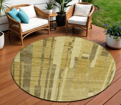 8' Gold And Dark Brown Round Striped Washable Indoor Outdoor Area Rug