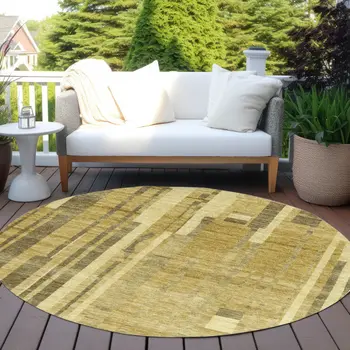 8' Gold And Dark Brown Round Striped Washable Indoor Outdoor Area Rug