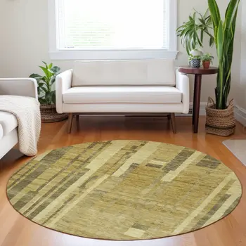 8' Gold And Dark Brown Round Striped Washable Indoor Outdoor Area Rug