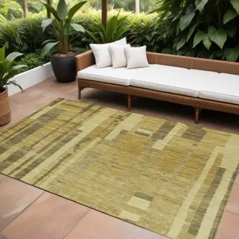 8' X 10' Gold And Dark Brown Striped Washable Indoor Outdoor Area Rug