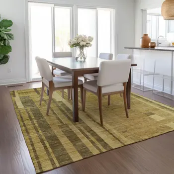 10' X 14' Gold And Dark Brown Striped Washable Indoor Outdoor Area Rug