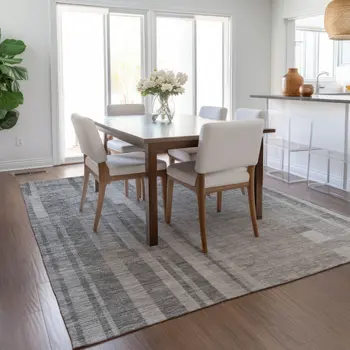 3' X 5' Gray And Silver Striped Washable Indoor Outdoor Area Rug