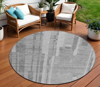 8' Gray And Silver Round Striped Washable Indoor Outdoor Area Rug