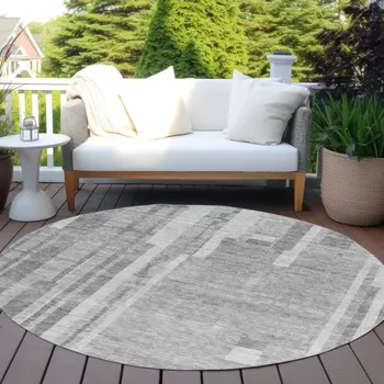 8' Gray And Silver Round Striped Washable Indoor Outdoor Area Rug