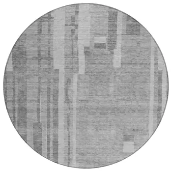 8' Gray And Silver Round Striped Washable Indoor Outdoor Area Rug