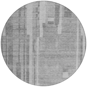8' Gray And Silver Round Striped Washable Indoor Outdoor Area Rug