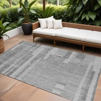 8' X 10' Gray And Silver Striped Washable Indoor Outdoor Area Rug