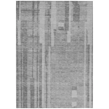 9' X 12' Gray And Silver Striped Washable Indoor Outdoor Area Rug
