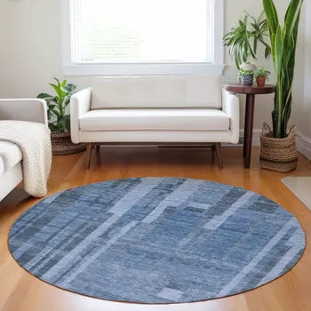 8' Navy Blue And Gray Round Striped Washable Indoor Outdoor Area Rug