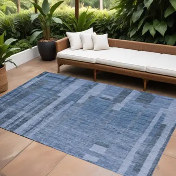 9' X 12' Navy Blue And Gray Striped Washable Indoor Outdoor Area Rug