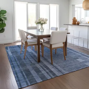 10' X 14' Navy Blue And Gray Striped Washable Indoor Outdoor Area Rug