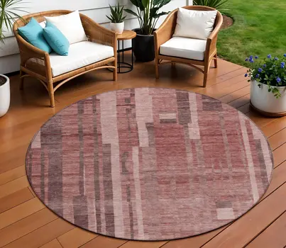 8' Brick Red And Brown Round Striped Washable Indoor Outdoor Area Rug