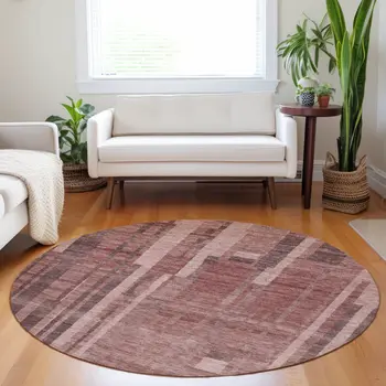 8' Brick Red And Brown Round Striped Washable Indoor Outdoor Area Rug