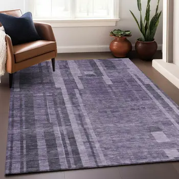 8' X 10' Purple And Black Striped Washable Indoor Outdoor Area Rug