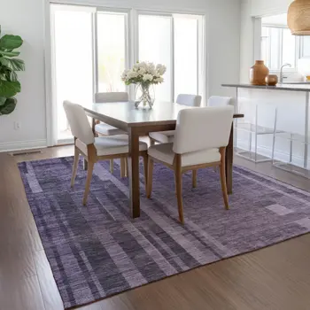 9' X 12' Purple And Black Striped Washable Indoor Outdoor Area Rug