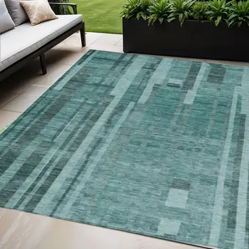 3' X 5' Teal Blue And Black Striped Washable Indoor Outdoor Area Rug