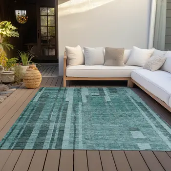 5' X 8' Teal Blue And Black Striped Washable Indoor Outdoor Area Rug