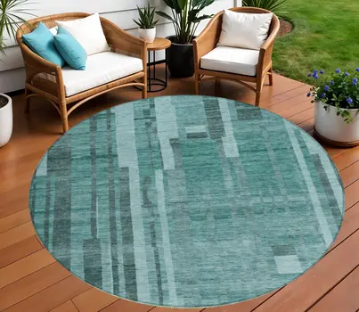 8' Teal Blue And Black Round Striped Washable Indoor Outdoor Area Rug
