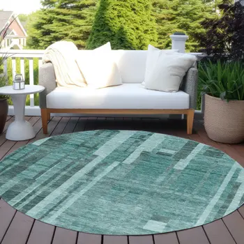 8' Teal Blue And Black Round Striped Washable Indoor Outdoor Area Rug