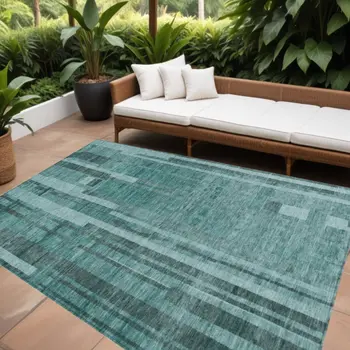 10' X 14' Teal Blue And Black Striped Washable Indoor Outdoor Area Rug