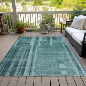 10' X 14' Teal Blue And Black Striped Washable Indoor Outdoor Area Rug