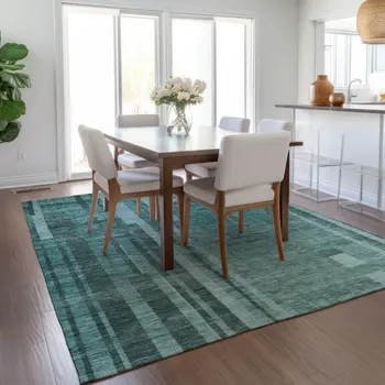 10' X 14' Teal Blue And Black Striped Washable Indoor Outdoor Area Rug