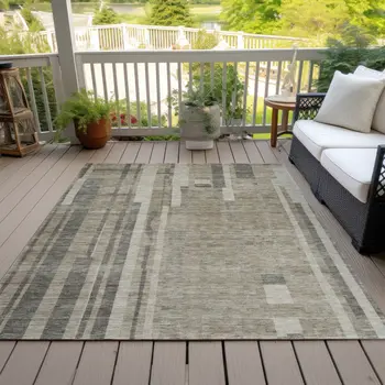 5' X 8' Taupe And Dark Gray Striped Washable Indoor Outdoor Area Rug