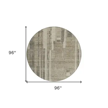 8' Taupe And Dark Gray Round Striped Washable Indoor Outdoor Area Rug