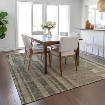 10' X 14' Taupe And Dark Gray Striped Washable Indoor Outdoor Area Rug
