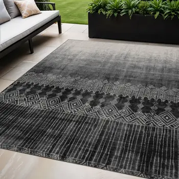 5' X 8' Black Ivory And Gray Ombre Washable Indoor Outdoor Area Rug