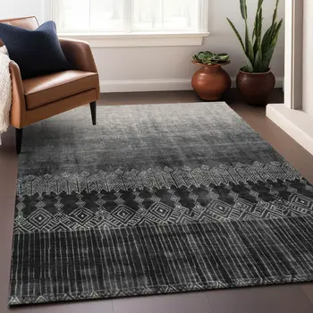 5' X 8' Black Ivory And Gray Ombre Washable Indoor Outdoor Area Rug