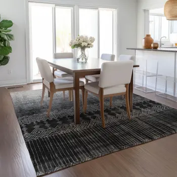 5' X 8' Black Ivory And Gray Ombre Washable Indoor Outdoor Area Rug