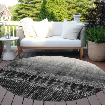 8' Black Ivory And Gray Round Ombre Washable Indoor Outdoor Area Rug