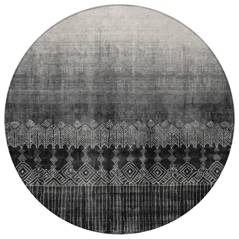 8' Black Ivory And Gray Round Ombre Washable Indoor Outdoor Area Rug