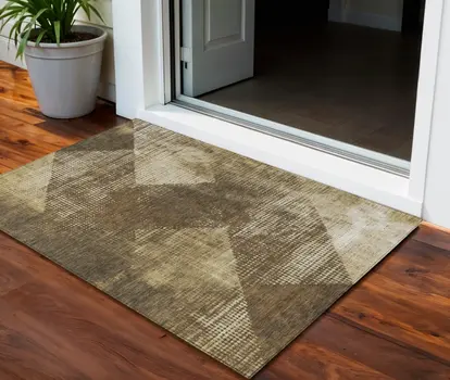 3' X 5' Brown And Beige Geometric Washable Indoor Outdoor Area Rug