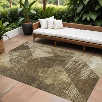 9' X 12' Brown And Beige Geometric Washable Indoor Outdoor Area Rug