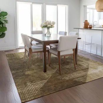10' X 14' Brown And Beige Geometric Washable Indoor Outdoor Area Rug