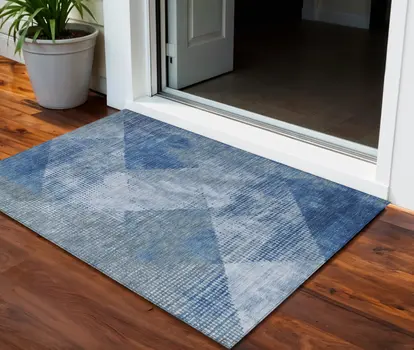 3' X 5' Blue And Gray Geometric Washable Indoor Outdoor Area Rug