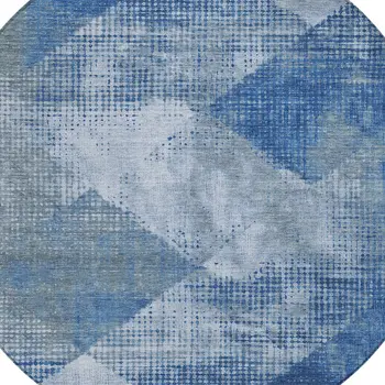 8' Blue And Gray Round Geometric Washable Indoor Outdoor Area Rug