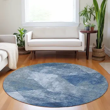 8' Blue And Gray Round Geometric Washable Indoor Outdoor Area Rug
