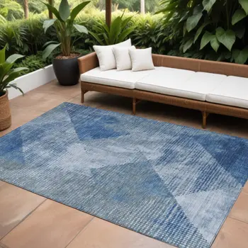 9' X 12' Blue And Gray Geometric Washable Indoor Outdoor Area Rug