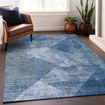 9' X 12' Blue And Gray Geometric Washable Indoor Outdoor Area Rug