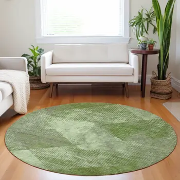 8' Green And Gray Round Geometric Washable Indoor Outdoor Area Rug