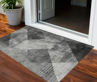 3' X 5' Gray And Black Geometric Washable Indoor Outdoor Area Rug