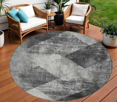 8' Gray And Black Round Geometric Washable Indoor Outdoor Area Rug