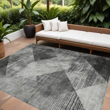 10' X 14' Gray And Black Geometric Washable Indoor Outdoor Area Rug