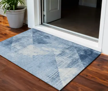 3' X 5' Sky Blue And Ivory Geometric Washable Indoor Outdoor Area Rug