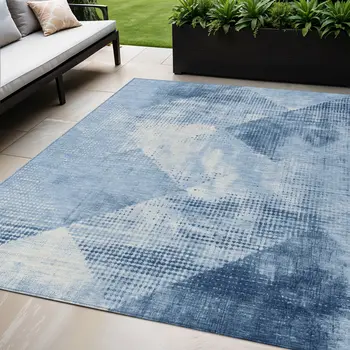 5' X 8' Sky Blue And Ivory Geometric Washable Indoor Outdoor Area Rug
