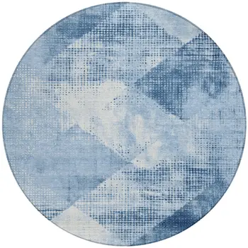 8' Sky Blue And Ivory Round Geometric Washable Indoor Outdoor Area Rug